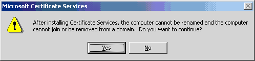 After installing Certificate Services, the computer cannot be renamed
and the computer cannot join or be removed from a domain. Do you want
to continue?